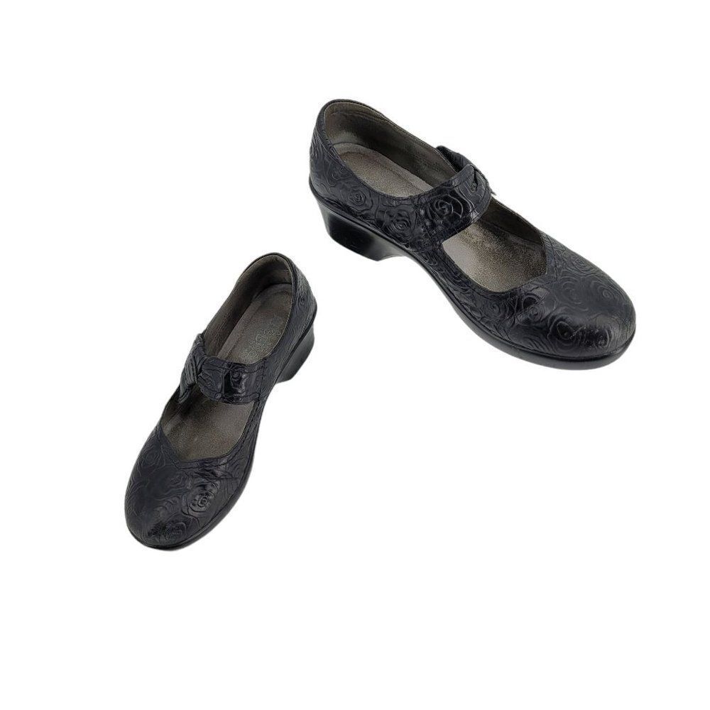 Vtg Y2K Alegria Mary Jane Leather‎ Chunky 3D Rose Embossed Ell-541 Black Sz 41